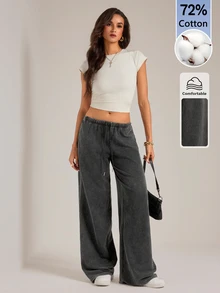 SHEIN Tall بنطلون رياضي نسائي كاجوال بخصر منخفض وساق مستقيمة، مناسب للخريف/الشتاء، مغسول - الأسود - مشاهدة 3
