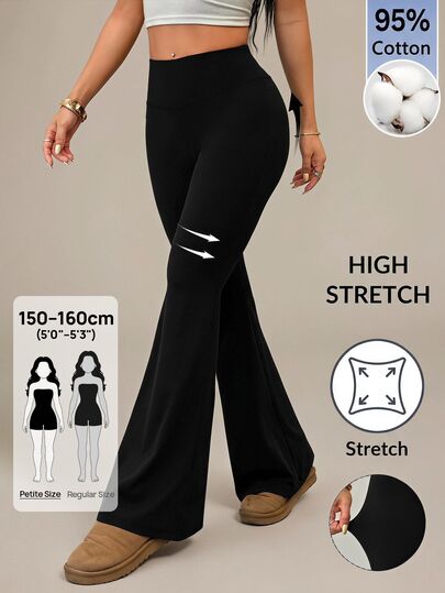 SHEIN PETITE Women's Fashion Versatile Solid Color Flare Leg Pants Gym Workwear Workout Black Autumn Basics Casual Streetwear,95% Cotton,Elastic Pants,Petite