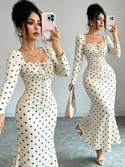 SHEIN Elenzya New Knit Elastic Polka Dot Print Square Neck Ruched Bust Tie Long Sleeve Cinched Waist Mermaid Hem Elegant Versatile Slimming Tall-Looking Daily Party Women's Long Dress