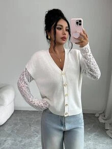 Elenzga Women's Solid Color Faux Two Pieces Contrast Lace Long Sleeve Knit V-Neck Gold Button Loose Soft Flattering French Minimalist Elegant Cardigan - White - View 5