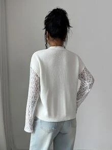 Elenzga Women's Solid Color Faux Two Pieces Contrast Lace Long Sleeve Knit V-Neck Gold Button Loose Soft Flattering French Minimalist Elegant Cardigan - White - View 2