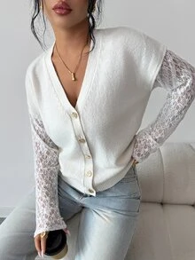 Elenzga Women's Solid Color Faux Two Pieces Contrast Lace Long Sleeve Knit V-Neck Gold Button Loose Soft Flattering French Minimalist Elegant Cardigan - White - View 1