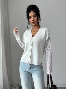 Elenzga Women's Solid Color Faux Two Pieces Contrast Lace Long Sleeve Knit V-Neck Gold Button Loose Soft Flattering French Minimalist Elegant Cardigan - White - View 3