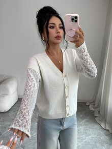 Elenzga Women's Solid Color Faux Two Pieces Contrast Lace Long Sleeve Knit V-Neck Gold Button Loose Soft Flattering French Minimalist Elegant Cardigan - White - View 7