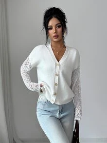 Elenzga Women's Solid Color Faux Two Pieces Contrast Lace Long Sleeve Knit V-Neck Gold Button Loose Soft Flattering French Minimalist Elegant Cardigan - White - View 4