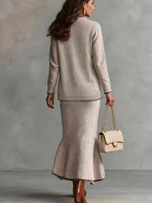Wandoria Women's Oatmeal Color Contrast Trim Crew Neck Wood Button Knit Cardigan + Slim Fit Draped Mermaid Skirt Sweater 2 Pieces Set, Suitable For Daily Casual, Commute, Date - Khaki - View 2