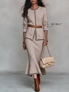 Wandoria Women's Oatmeal Color Contrast Trim Crew Neck Wood Button Knit Cardigan + Slim Fit Draped Mermaid Skirt Sweater 2 Pieces Set, Suitable For Daily Casual, Commute, Date - Khaki - View 6