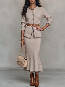 Wandoria Women's Oatmeal Color Contrast Trim Crew Neck Wood Button Knit Cardigan + Slim Fit Draped Mermaid Skirt Sweater 2 Pieces Set, Suitable For Daily Casual, Commute, Date - Khaki - View 4