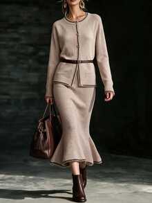 Wandoria Women's Oatmeal Color Contrast Trim Crew Neck Wood Button Knit Cardigan + Slim Fit Draped Mermaid Skirt Sweater 2 Pieces Set, Suitable For Daily Casual, Commute, Date - Khaki - View 3