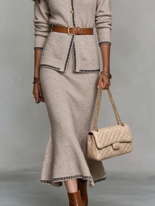 Wandoria Women's Oatmeal Color Contrast Trim Crew Neck Wood Button Knit Cardigan + Slim Fit Draped Mermaid Skirt Sweater 2 Pieces Set, Suitable For Daily Casual, Commute, Date - Khaki - View 5