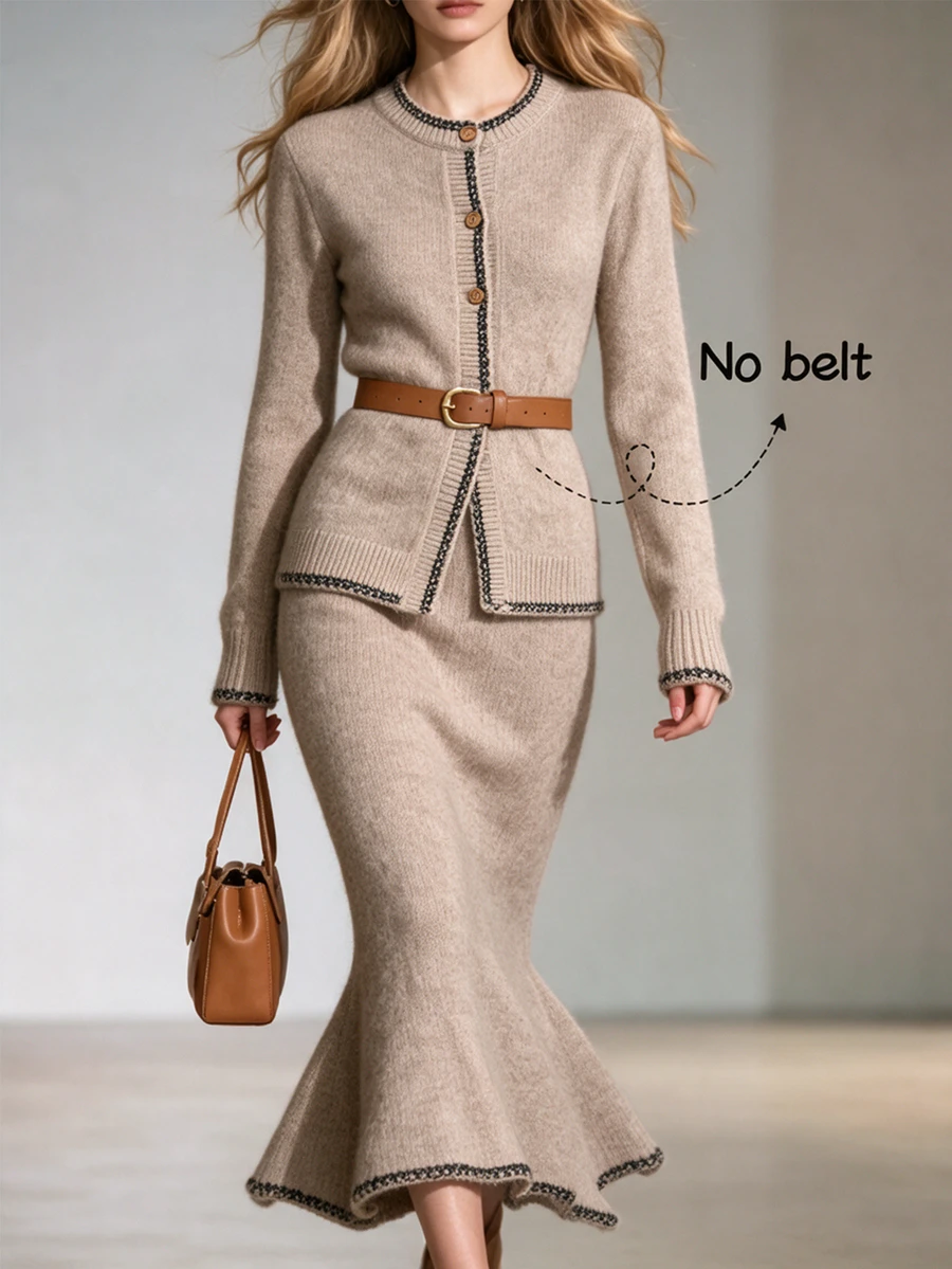Wandoria Women's Oatmeal Color Contrast Trim Crew Neck Wood Button Knit Cardigan + Slim Fit Draped Mermaid Skirt Sweater 2 Pieces Set, Suitable For Daily Casual, Commute, Date - Khaki - View 1