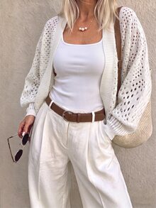 Breezaya Women's Solid Color Casual French Versatile Daily Vacation Outing Cardigan Off-White Autumn - Apricot - View 5