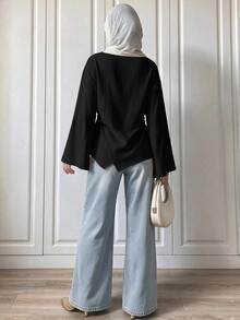 Elenzga Off White Boat Neck Ruched Waist Irregular Hem Cotton Blouse, French Casual Top For Office, Dating & Autumn Daily Outfit - Black - View 2