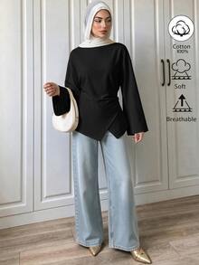 Elenzga Off White Boat Neck Ruched Waist Irregular Hem Cotton Blouse, French Casual Top For Office, Dating & Autumn Daily Outfit - Black - View 5