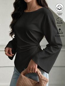 Elenzga Off White Boat Neck Ruched Waist Irregular Hem Cotton Blouse, French Casual Top For Office, Dating & Autumn Daily Outfit - Black - View 4