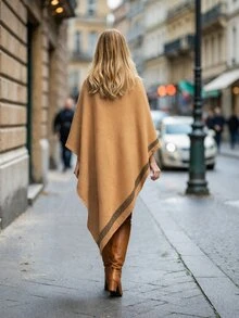 Balvessa Turtleneck Batwing Sleeve Asymmetrical Hem Knit Poncho - Brown - View 3