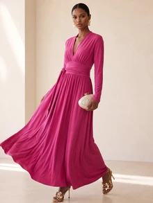 Vesra Gaun Wanita Elegan Berwarna Polos - Mauve Purple - View 4