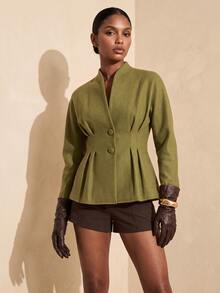 Vesra Women's Stand Collar Cinched Waist Ruffle Hem Single Button Slimming Commuter Short Jacket - Olive Green - View 5