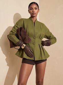 Vesra Women's Stand Collar Cinched Waist Ruffle Hem Single Button Slimming Commuter Short Jacket - Olive Green - View 4