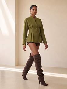 Vesra Women's Stand Collar Cinched Waist Ruffle Hem Single Button Slimming Commuter Short Jacket - Olive Green - View 6