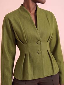 Vesra Women's Stand Collar Cinched Waist Ruffle Hem Single Button Slimming Commuter Short Jacket - Olive Green - View 7