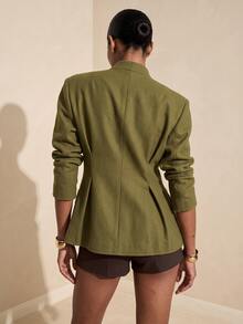 Vesra Women's Stand Collar Cinched Waist Ruffle Hem Single Button Slimming Commuter Short Jacket - Olive Green - View 2