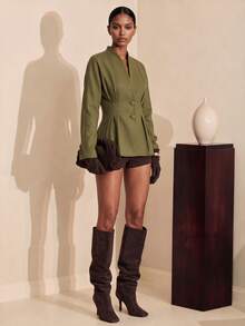 Vesra Women's Stand Collar Cinched Waist Ruffle Hem Single Button Slimming Commuter Short Jacket - Olive Green - View 1