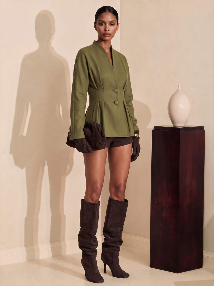 Vesra Women's Stand Collar Cinched Waist Ruffle Hem Single Button Slimming Commuter Short Jacket - Olive Green - View 1