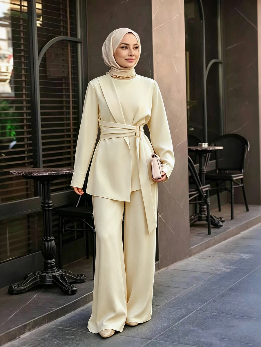 Celisse طقم نسائي كاجوال من قطعتين بلون المشمش للخريف، جاكيت بأكمام طويلة وبنطلون - لون مشمشي - مشاهدة 1