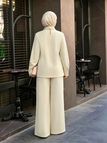 Celisse طقم نسائي كاجوال من قطعتين بلون المشمش للخريف، جاكيت بأكمام طويلة وبنطلون - لون مشمشي - مشاهدة 2