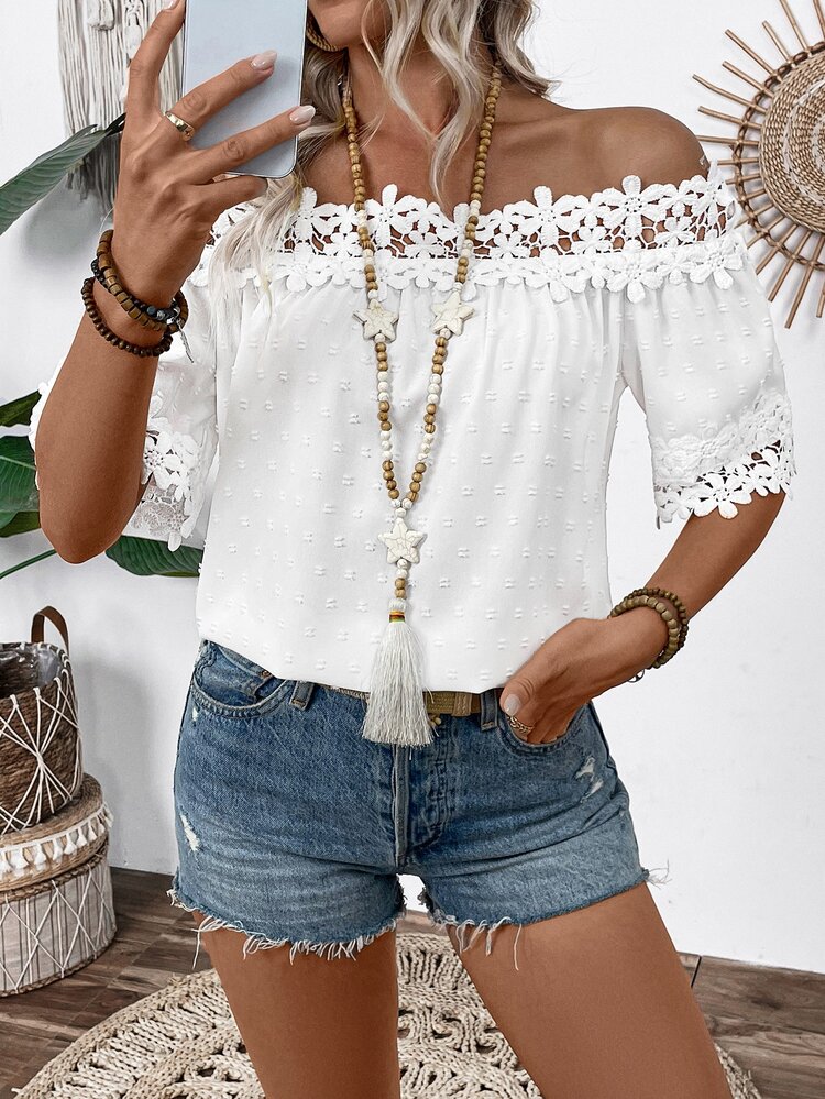EMERY ROSE Solid Color Textured Fabric Off Shoulder Blouse With Ruffle Details - White - View 2