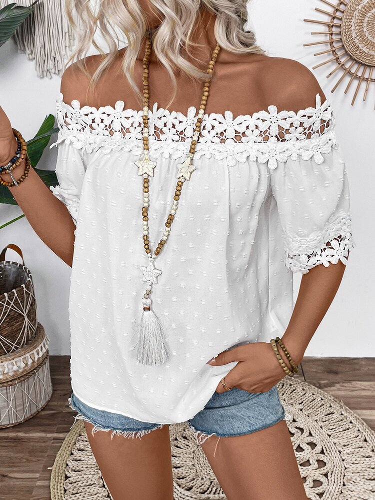 EMERY ROSE Solid Color Textured Fabric Off Shoulder Blouse With Ruffle Details - White - View 9