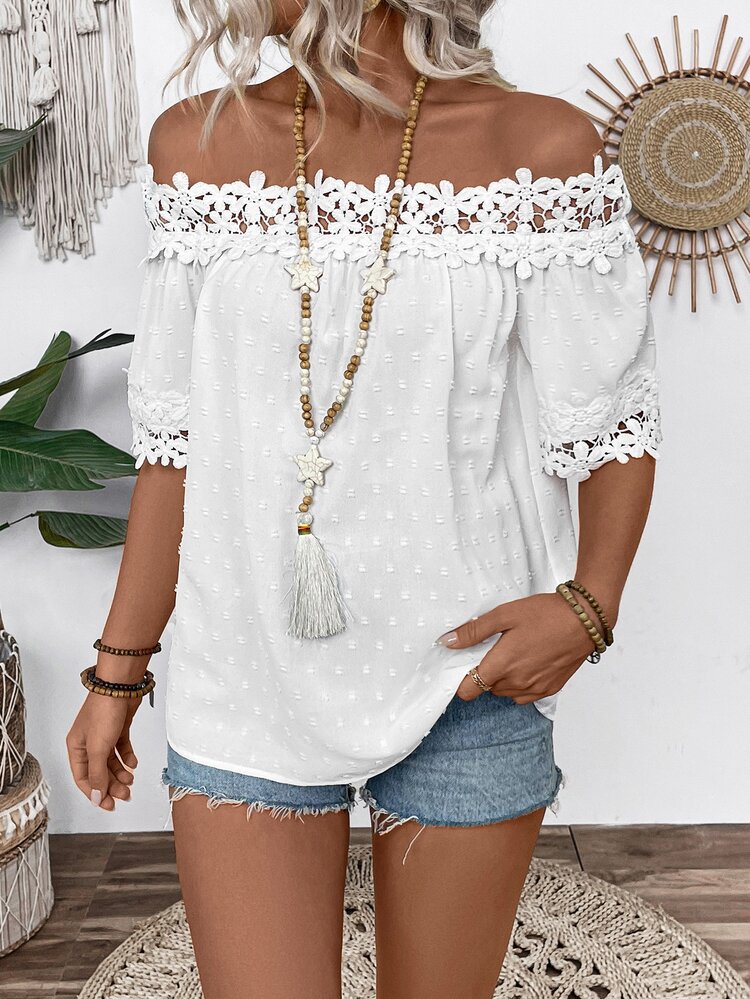 EMERY ROSE Solid Color Textured Fabric Off Shoulder Blouse With Ruffle Details - White - View 5