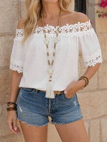 EMERY ROSE Solid Color Textured Fabric Off Shoulder Blouse With Ruffle Details - White - View 4