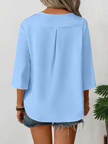 EMERY ROSE Women's Simple Solid Color V-Neck 3/4 Sleeve Button Design Shirt, Commuter Friendly - Baby Blue - View 2