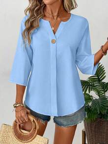 EMERY ROSE Women's Simple Solid Color V-Neck 3/4 Sleeve Button Design Shirt, Commuter Friendly - Baby Blue - View 6