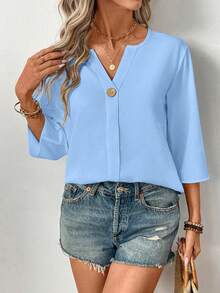 EMERY ROSE Women's Simple Solid Color V-Neck 3/4 Sleeve Button Design Shirt, Commuter Friendly - Baby Blue - View 5
