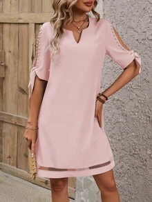 EMERY ROSE Women's Solid Color Faux Pearl Decor V-Neck Split Short Sleeve Fashionable Dress - Pink - View 6