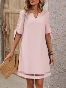 EMERY ROSE Women's Solid Color Faux Pearl Decor V-Neck Split Short Sleeve Fashionable Dress - Pink - View 4