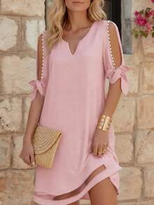 EMERY ROSE Women's Solid Color Faux Pearl Decor V-Neck Split Short Sleeve Fashionable Dress - Pink - View 3