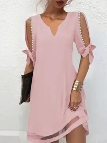 EMERY ROSE Women's Solid Color Faux Pearl Decor V-Neck Split Short Sleeve Fashionable Dress - Pink - View 9