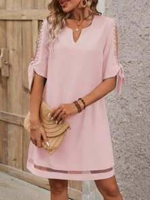 EMERY ROSE Women's Solid Color Faux Pearl Decor V-Neck Split Short Sleeve Fashionable Dress - Pink - View 7