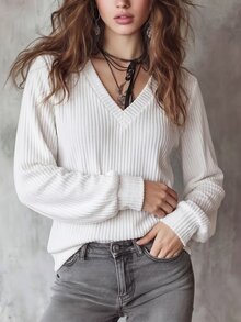 SHEIN LUNE Sweatshirt Wanita Lengan Panjang Leher V Warna Polos, Kasual dan Serbaguna - Putih - View 4