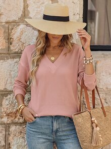 EMERY ROSE Women's Casual Solid Color Long Sleeve T-Shirt, Autumn Fall Cloth For Women - Baby Pink - View 4