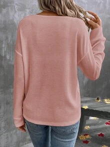 EMERY ROSE Women's Casual Solid Color Long Sleeve T-Shirt, Autumn Fall Cloth For Women - Baby Pink - View 2