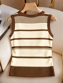 Franclia Plus Size Women's Summer Casual Curve Vacation Commute Home Wear Vacation Colorblock White Print Fitted Comfortable Tank Top - Brown - View 2