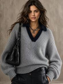 Glimmora Sweater Lengan Panjang Colorblock Retro Fashion Wanita, Gaya Preppy, Serbaguna - MultiWarna - View 2
