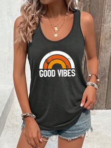 SHEIN Holidaya Women Summer Letter Print Round Neck Casual Tank Top Graphic Tees Women Tops - Dark Grey - View 5
