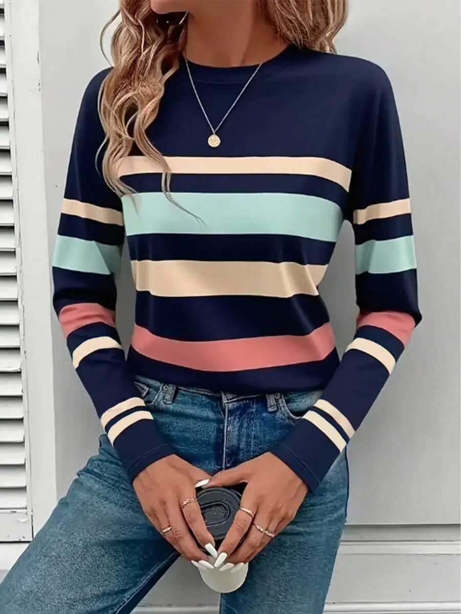 EMERY ROSE Women's Long Sleeve Striped Print T-Shirt, Classic Pattern Design, Versatile, Suitable For Casual Wear And Outdoor, Autumn Everyday Navy Blue - Multicolor - View 1