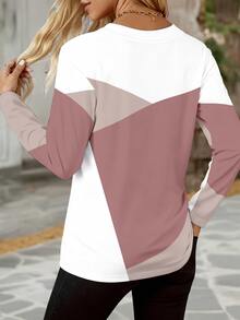 EMERY ROSE Women's V-Neck Long Sleeve T-Shirt,Color Block Patchwork Printed Blouse,Dusty Pink Autumn Casual Occasion,Classic Design,Elegant Minimalist Style - Multicolor - View 2